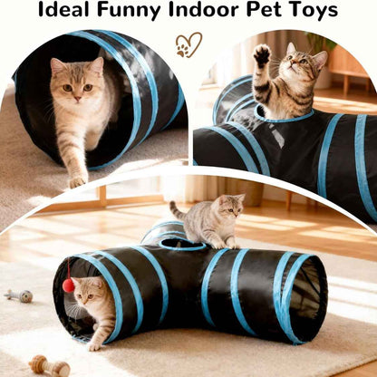Pet Cat Tunnel Tube Toys 3 Way Collapsible, Tunnels For Indoor Cats, Interactive Tube With Teaser Wand, Peek Holes