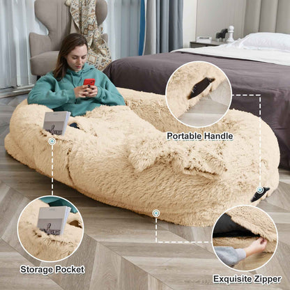 Human Dog Bed - 63 In X 31.4 In X 9.5 In Washable Faux Fur Lounger For Adults & Pets, Cushion With Orthopedic Support, Includes Pillow & Blanket