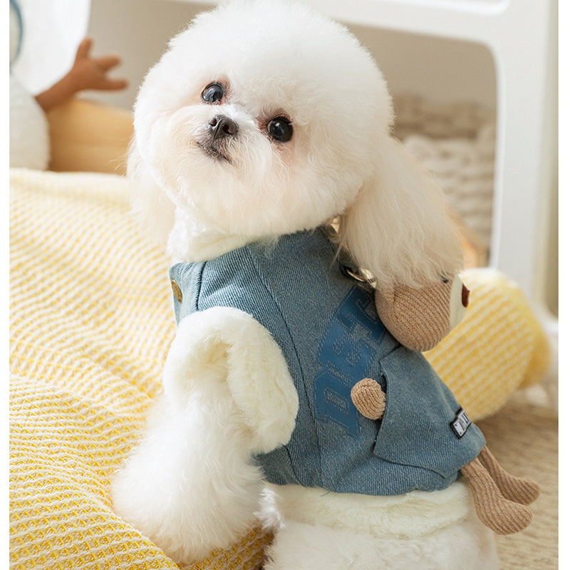 Teddy Bear Denim Vest - Dog Winter Coat with Plush Toy - Purrfect Pet Haven