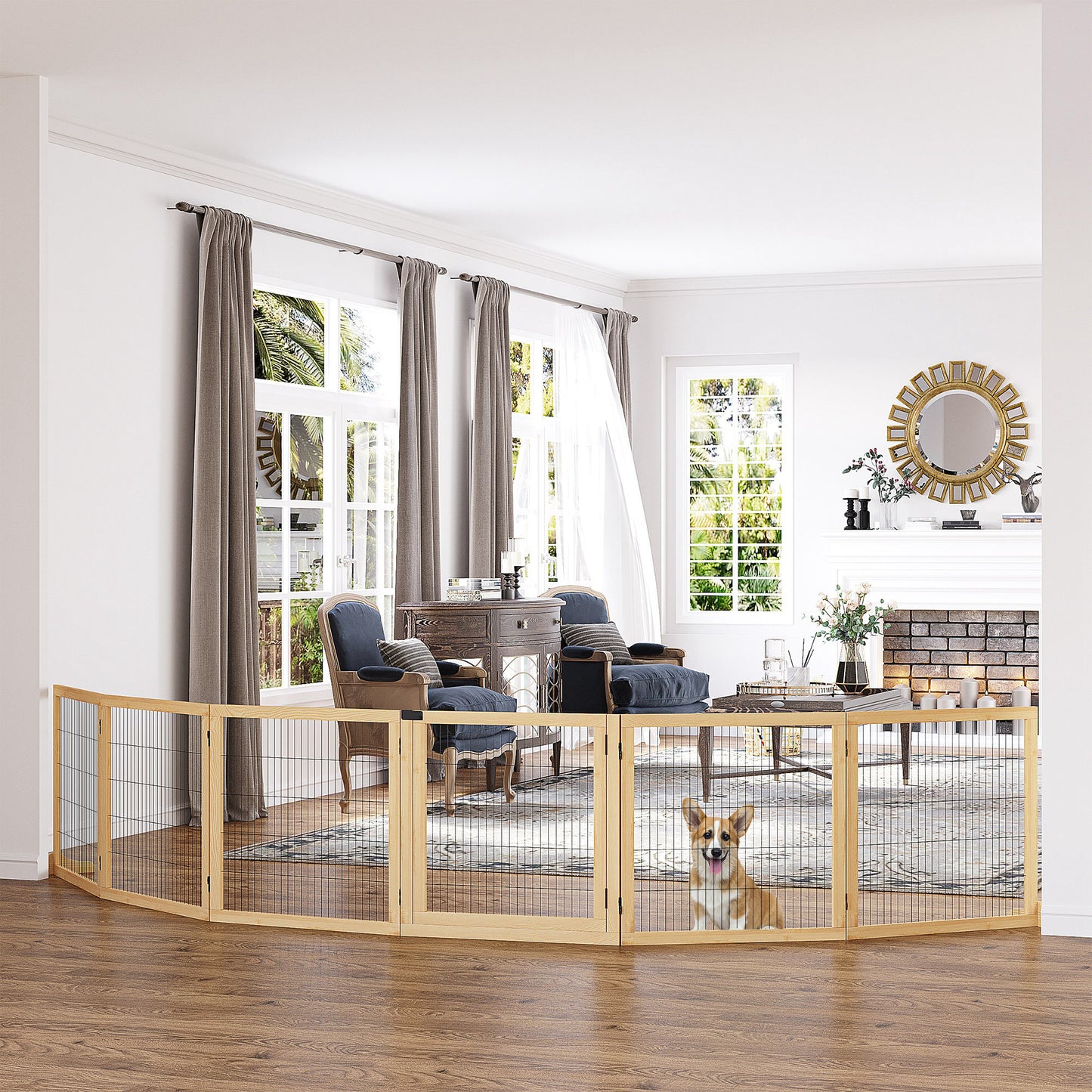 Freestanding Pet Gate 6-Panel - Wooden Dog Barrier for Doorways - Purrfect Pet Haven