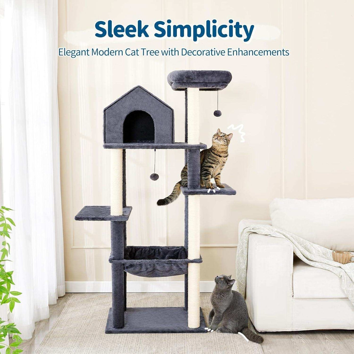 60 Inch Multi-Level Cat Tree For Indoor Cats With Plush Hammock - Purrfect Pet Haven