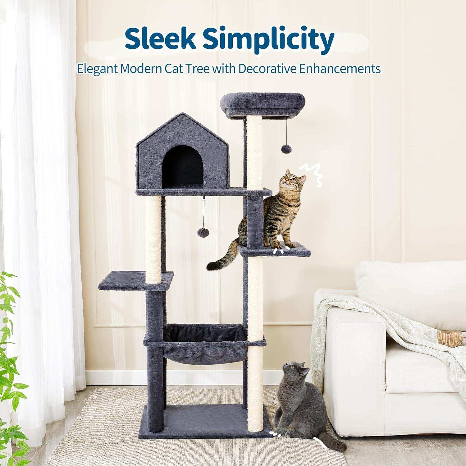 60 Inch Multi-Level Cat Tree For Indoor Cats With Plush Hammock - Purrfect Pet Haven