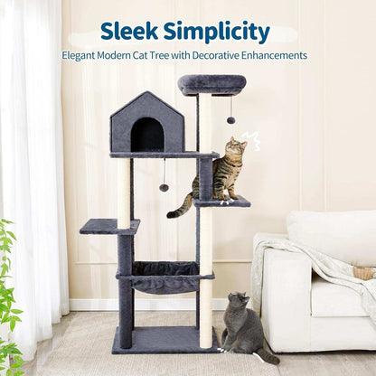 60 Inch Multi-Level Cat Tree For Indoor Cats With Plush Hammock - Purrfect Pet Haven