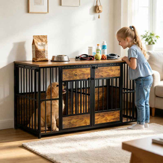 Wooden Dog Crate Furniture, Large Dog Kennel With Storage Top, Indoor Pet Cage
