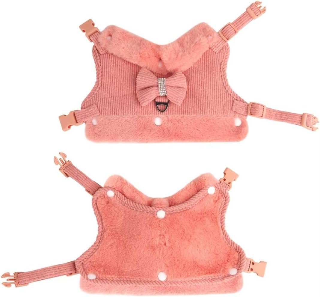 Warm Fur Collar Soft Padded Small Girl Pet Harness and Leash Set with Bow Tie - Purrfect Pet Haven