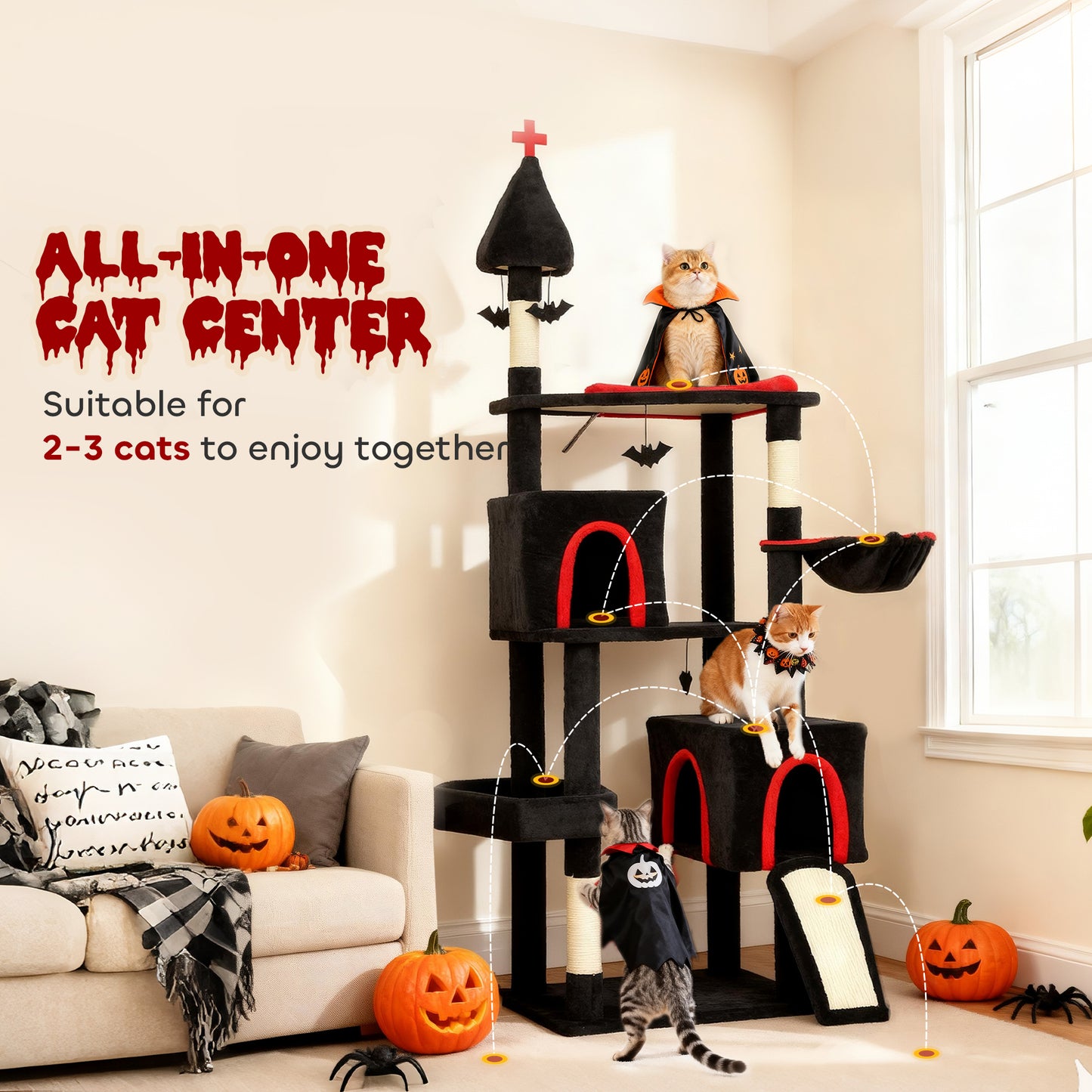 Gothic Cat Tree 78" - Castle Tower with Coffin Bed & Condos - Purrfect Pet Haven