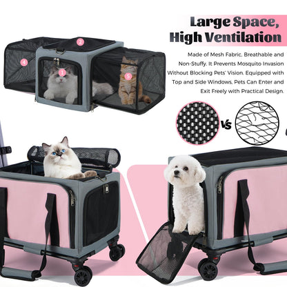 Rolling Pet Carrier with Wheels - 3-Sided Expandable Travel Bag Cats Dogs