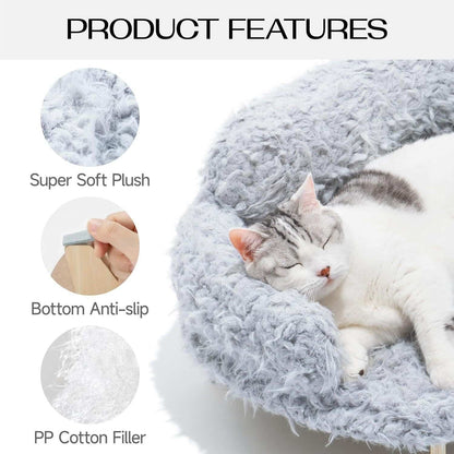 Cat lying on a fluffy gray pet bed with product features highlighted.