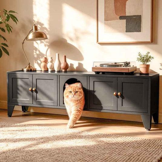 58in Metal Cat Litter Box Enclosure, Hidden Litter Furniture For 2 Cats, Large Indoor Cat House TV Stand Cabinet W Ventilation & 2 Compartments, Black Modern Pet Washroom W Adjustable Legs