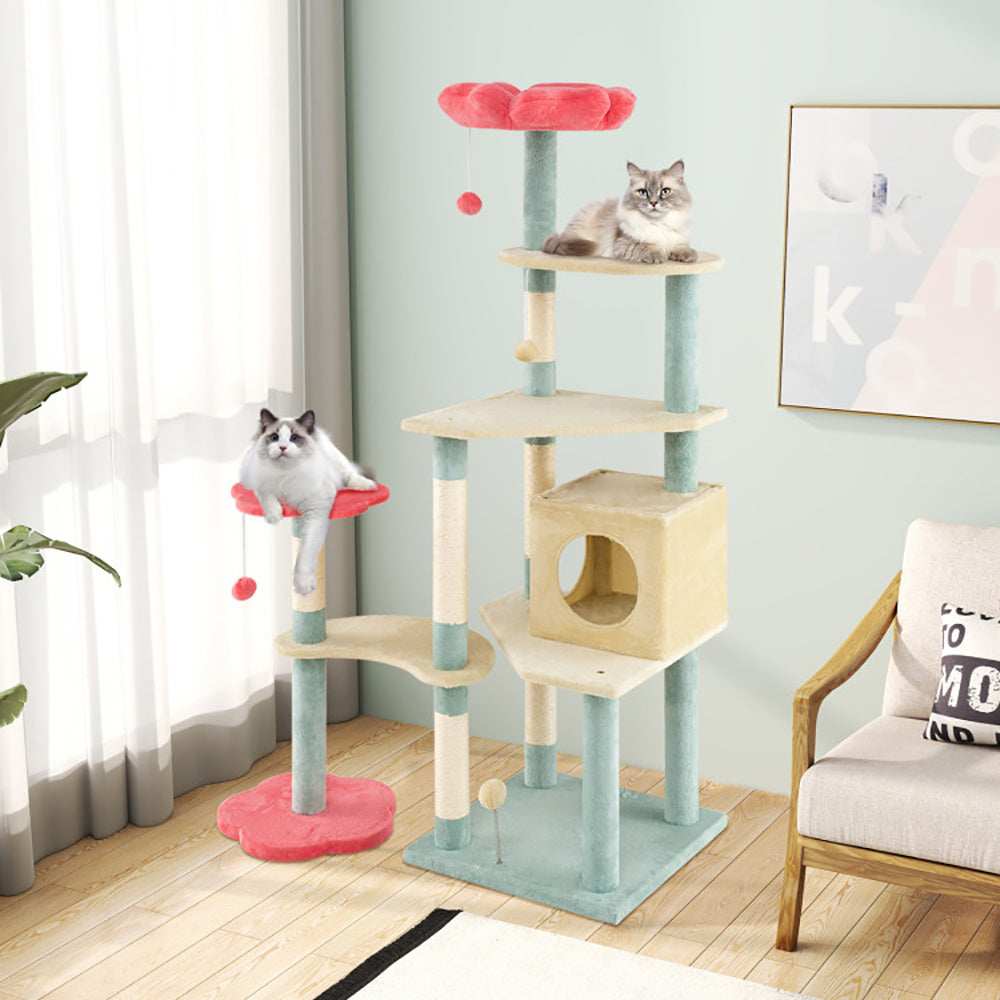 Multi-Level 61 Inch Aesthetic Floral Kitten Tower With Flower-Shaped Perch - Purrfect Pet Haven