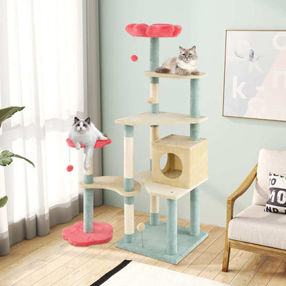 Multi-Level 61 Inch Aesthetic Floral Kitten Tower With Flower-Shaped Perch - Purrfect Pet Haven