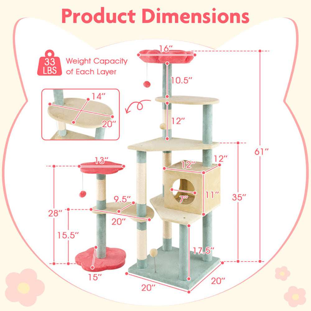 Multi-Level 61 Inch Aesthetic Floral Kitten Tower With Flower-Shaped Perch - Purrfect Pet Haven