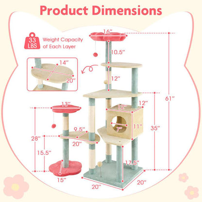 Multi-Level 61 Inch Aesthetic Floral Kitten Tower With Flower-Shaped Perch - Purrfect Pet Haven