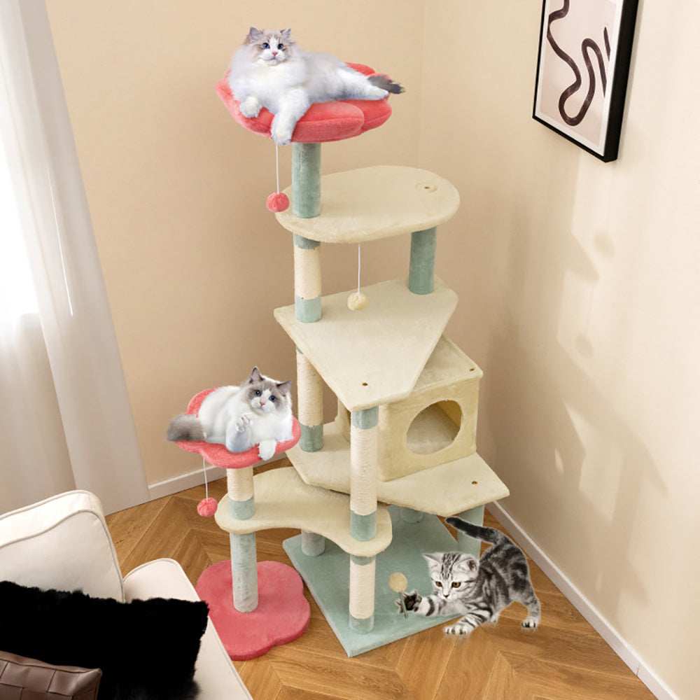 Multi-Level 61 Inch Aesthetic Floral Kitten Tower With Flower-Shaped Perch - Purrfect Pet Haven