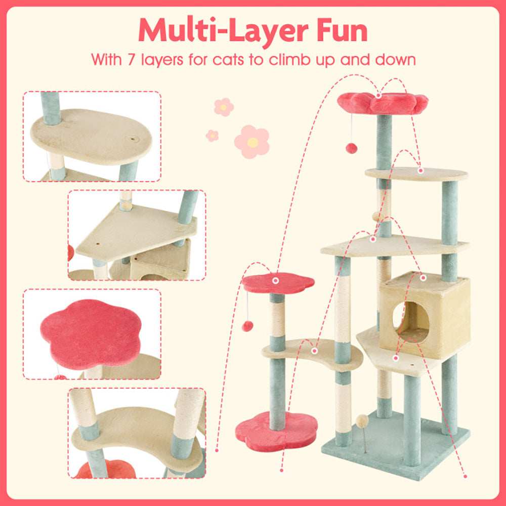 Multi-Level 61 Inch Aesthetic Floral Kitten Tower With Flower-Shaped Perch - Purrfect Pet Haven