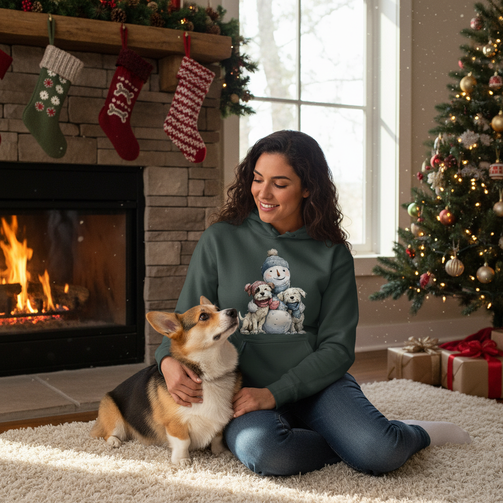 Forest Green Snowman Hugs hoodie lifestyle image