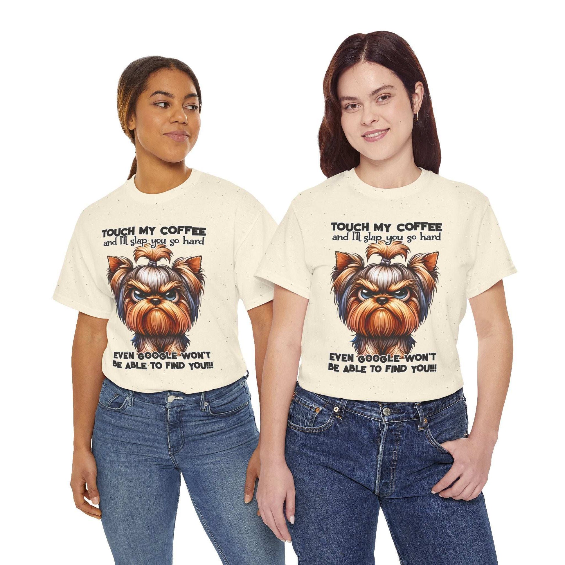 Funny Dog Graphic T-Shirt with a cute dog illustration and coffee humor, worn by two women