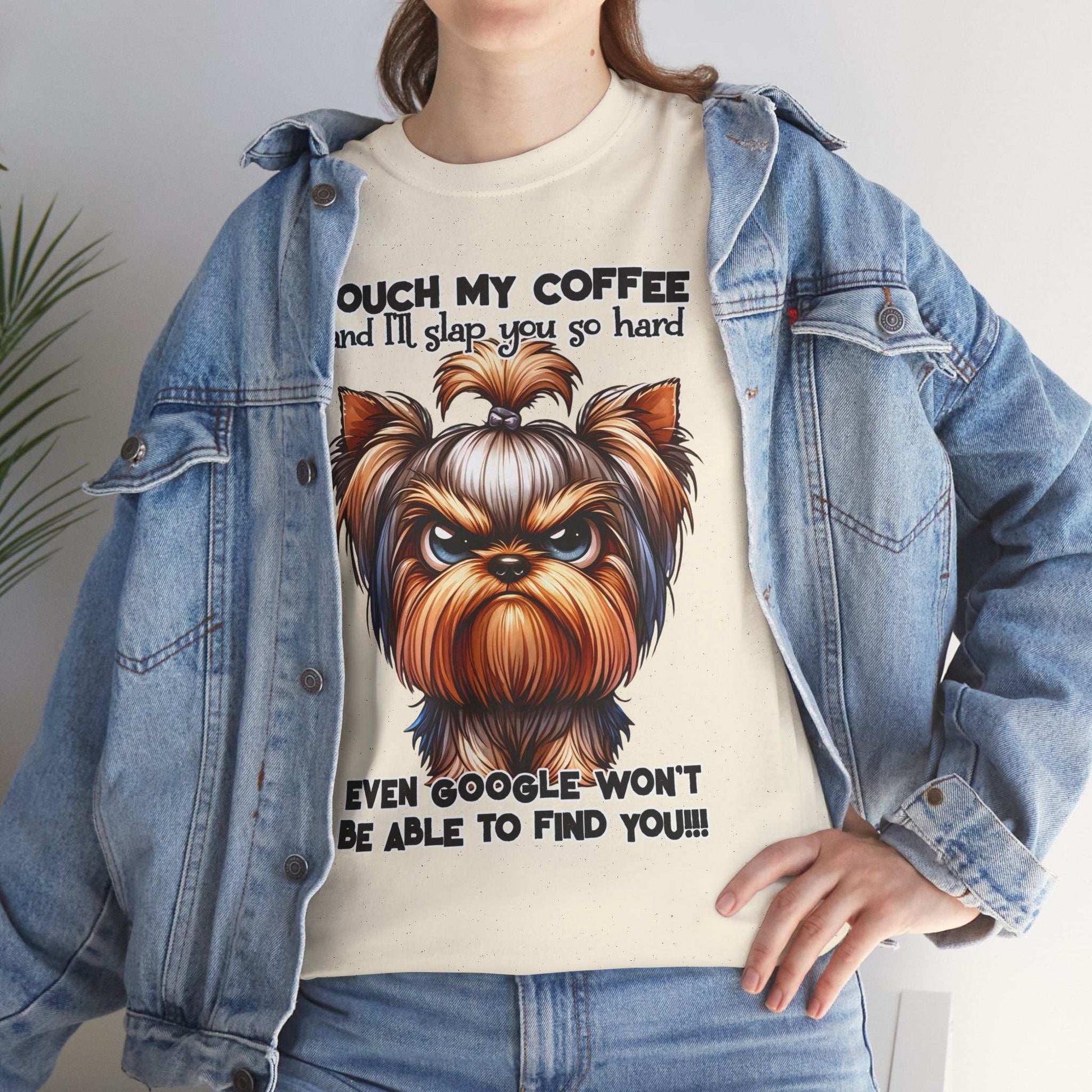 Funny Dog Graphic T-Shirt featuring an angry dog illustration and coffee quote on a cream tee