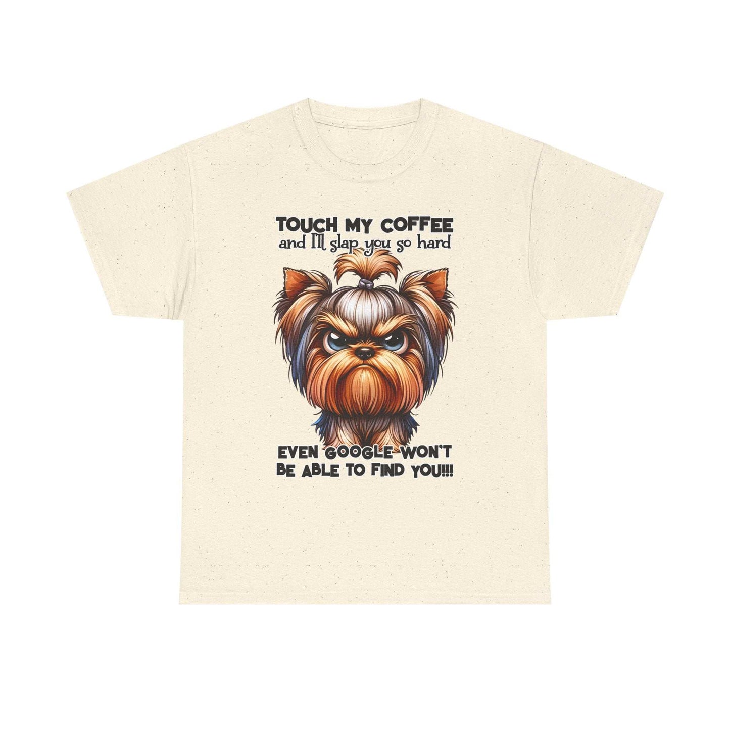 Funny Dog Graphic T-Shirt featuring an angry dog illustration and humorous coffee quote on a cream background