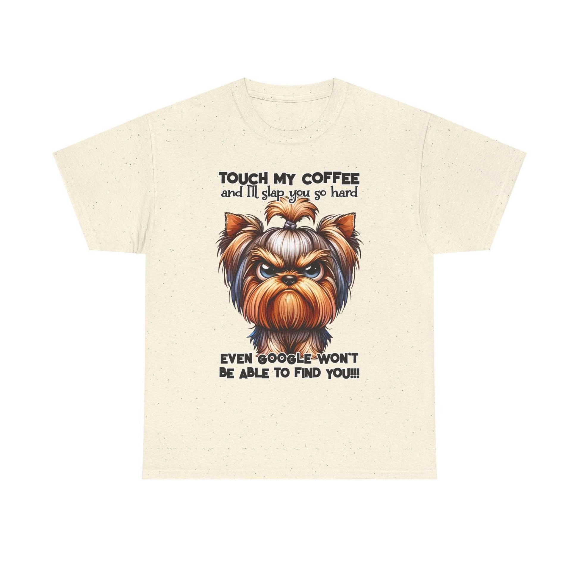 Funny Dog Graphic T-Shirt featuring an angry dog illustration and humorous coffee quote on a cream background