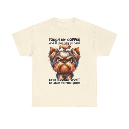Funny Dog Graphic T-Shirt featuring an angry dog illustration and humorous coffee quote on a cream background