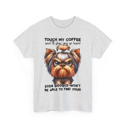 Printify Funny Dog Graphic T-Shirt with angry dog and coffee quote on light gray fabric