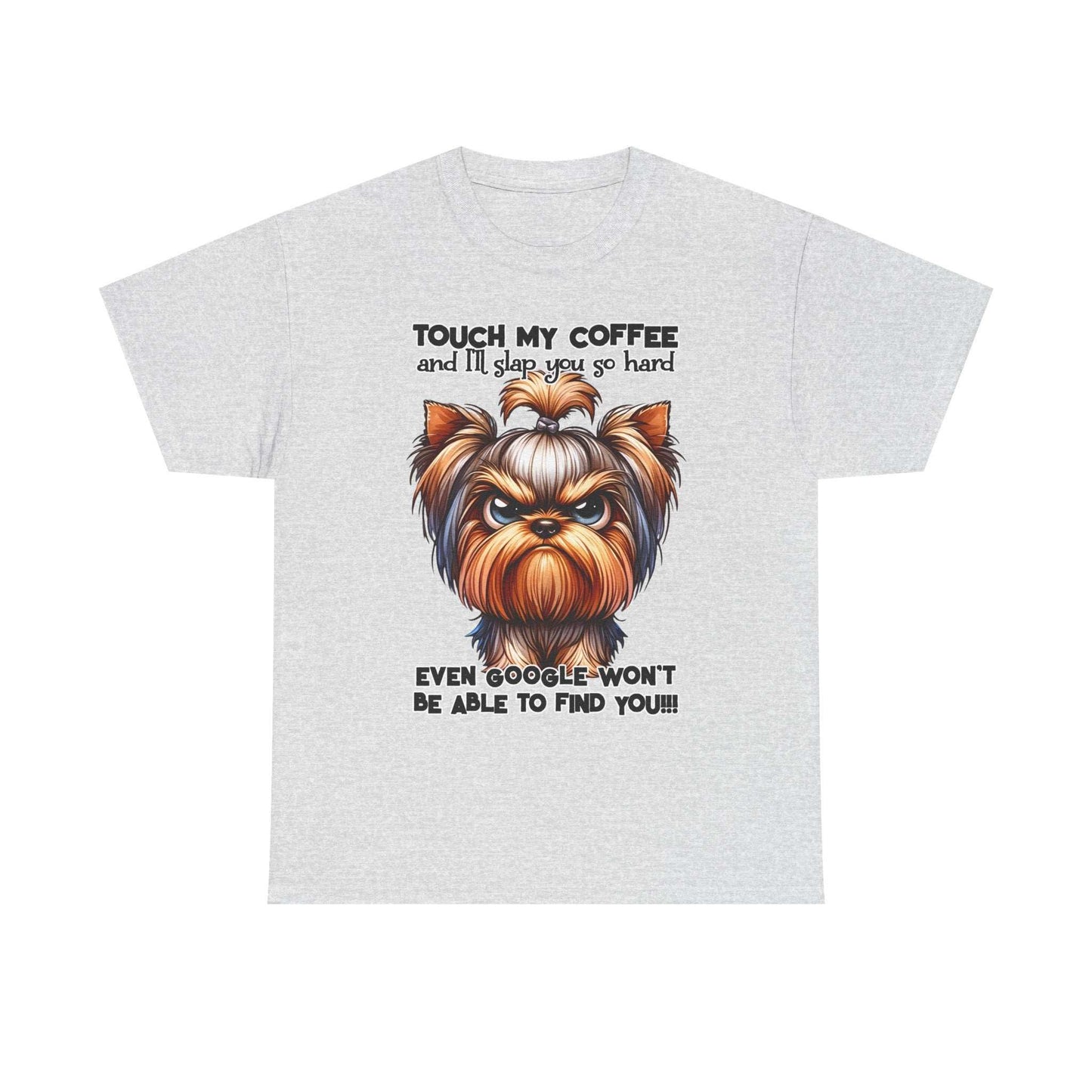 Gray Funny Dog Graphic T-Shirt featuring an angry dog and coffee warning text