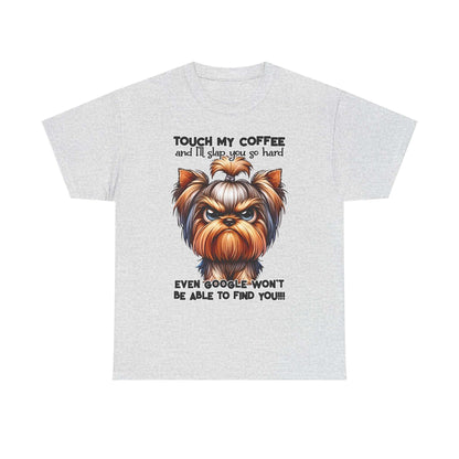 Gray Funny Dog Graphic T-Shirt featuring an angry dog and coffee warning text