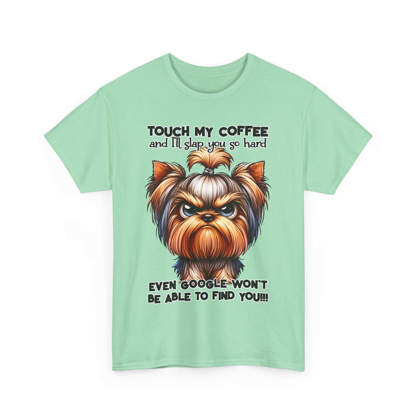 Funny Dog Graphic T-Shirt with angry dog illustration and humorous coffee warning text on light green fabric