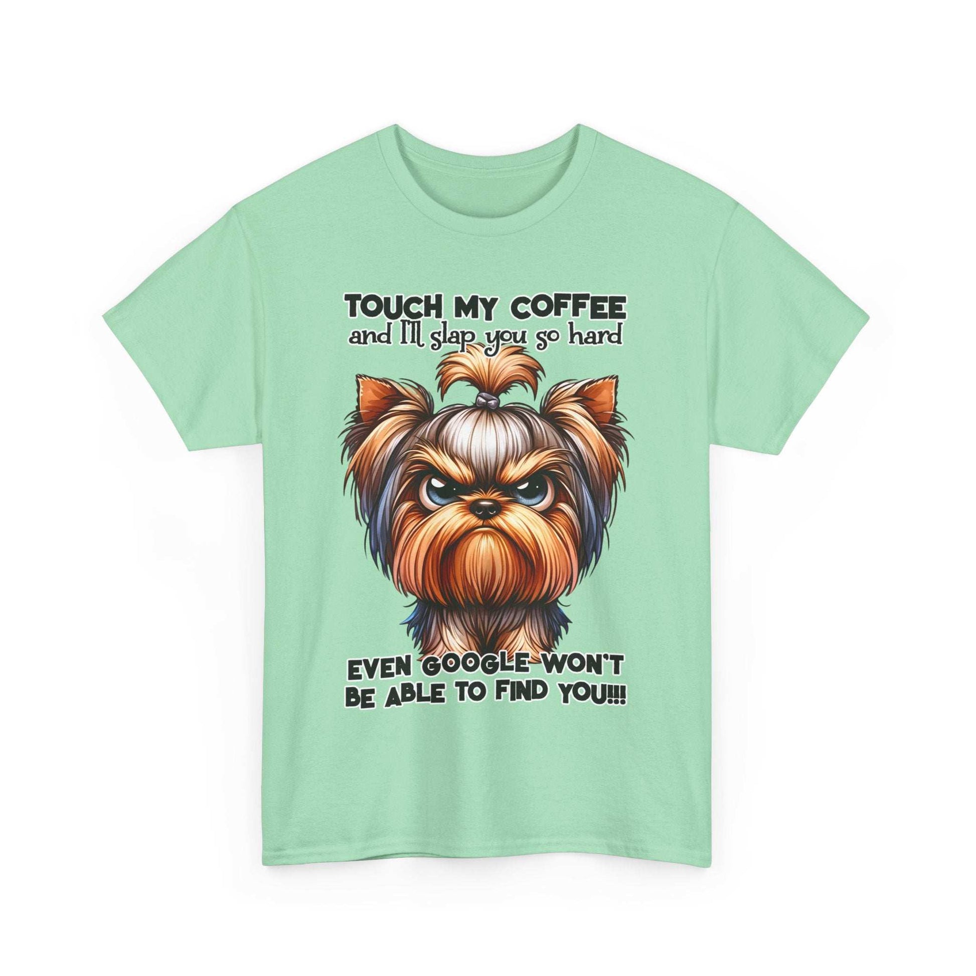 Funny Dog Graphic T-Shirt with angry dog illustration and humorous coffee warning text on light green fabric