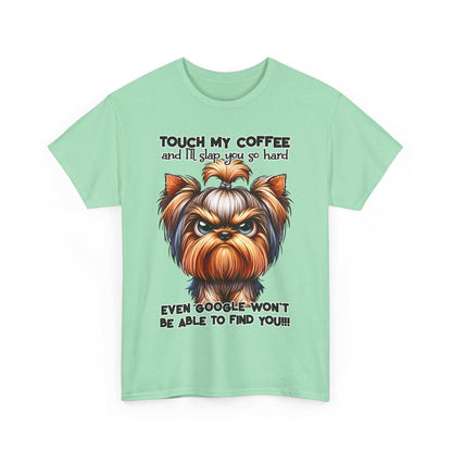 Funny Dog Graphic T-Shirt with angry dog illustration and humorous coffee warning text on light green fabric