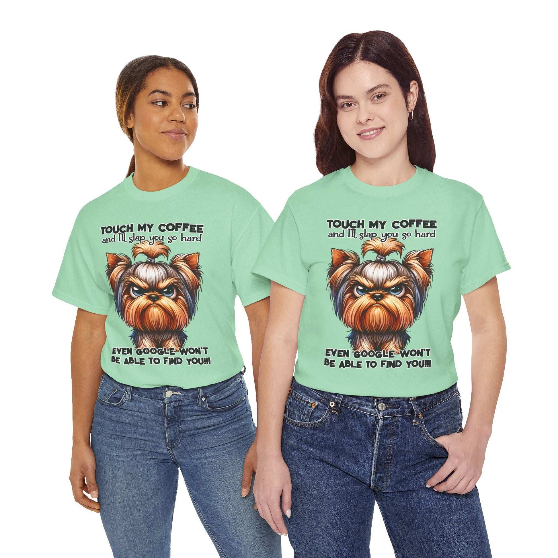 Two women wearing Printify funny dog graphic t-shirt with a cute dog and coffee quote design