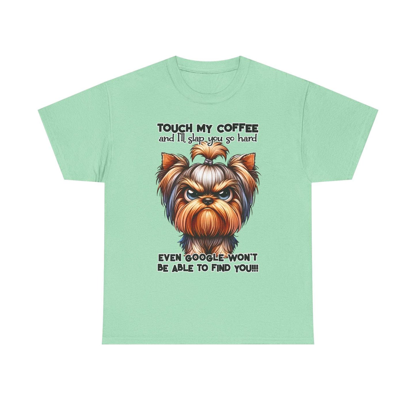 Printify funny dog graphic t-shirt with angry dog illustration and coffee warning text on light green