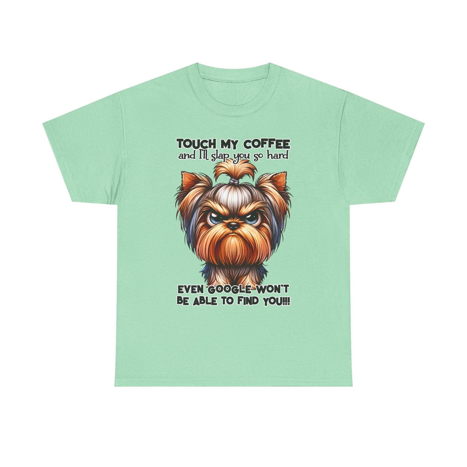 Printify funny dog graphic t-shirt with angry dog illustration and coffee warning text on light green