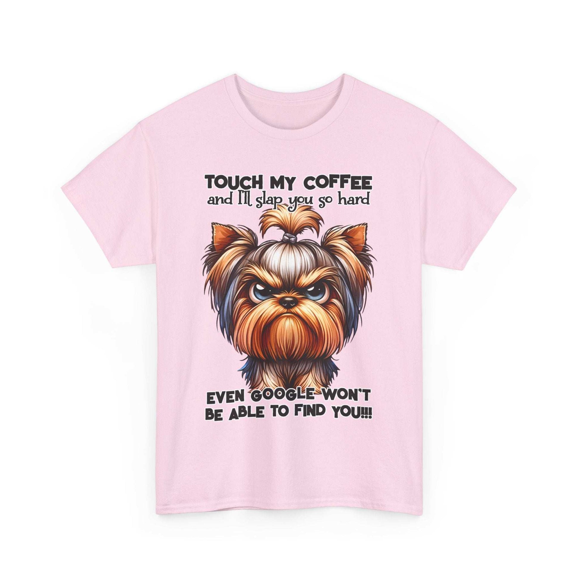 Funny Dog Graphic T-Shirt in pink with a cute angry dog and humorous coffee quote