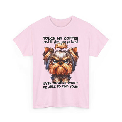 Funny Dog Graphic T-Shirt in pink with a cute angry dog and humorous coffee quote