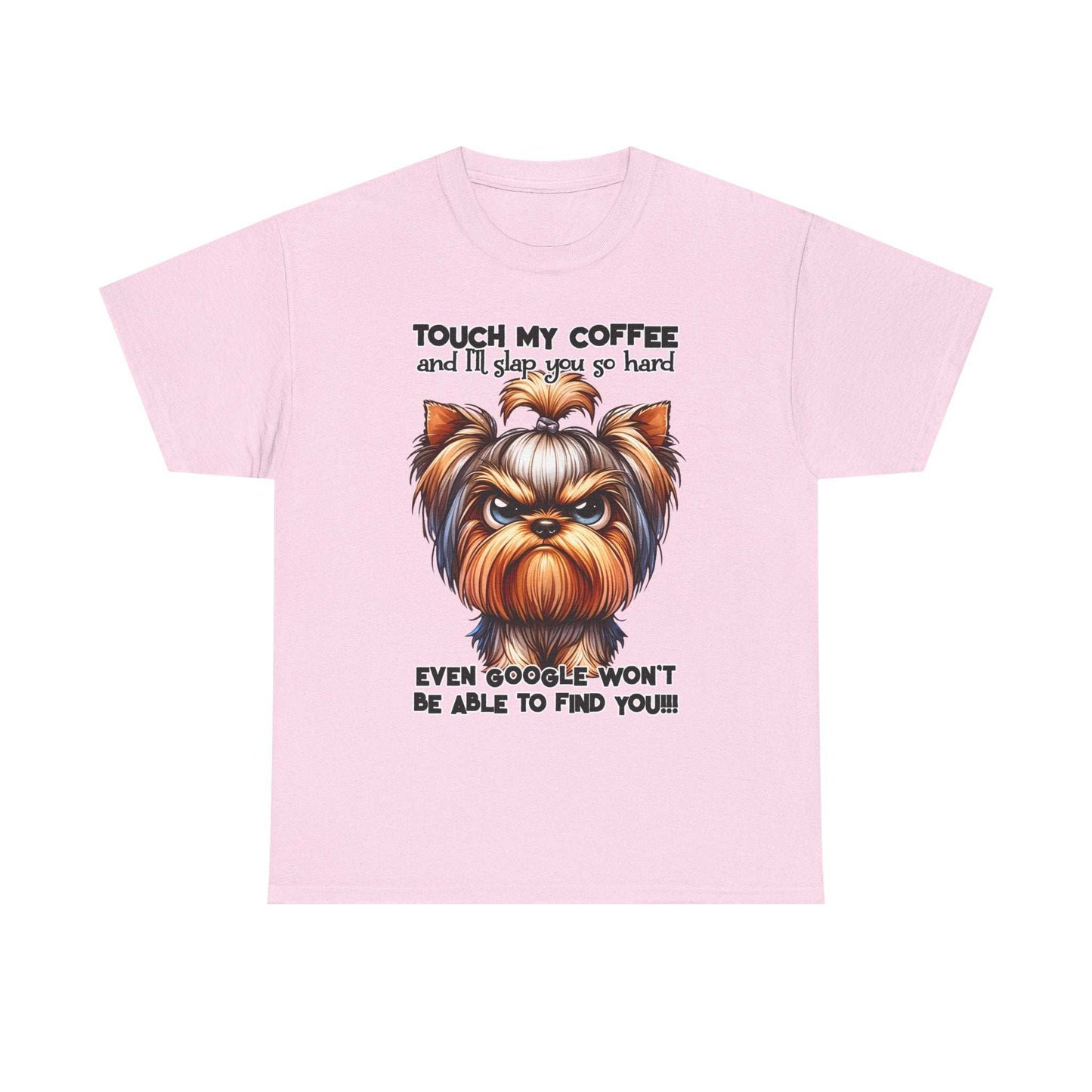 Pink Funny Dog Graphic T-Shirt with angry dog illustration and humorous coffee warning text