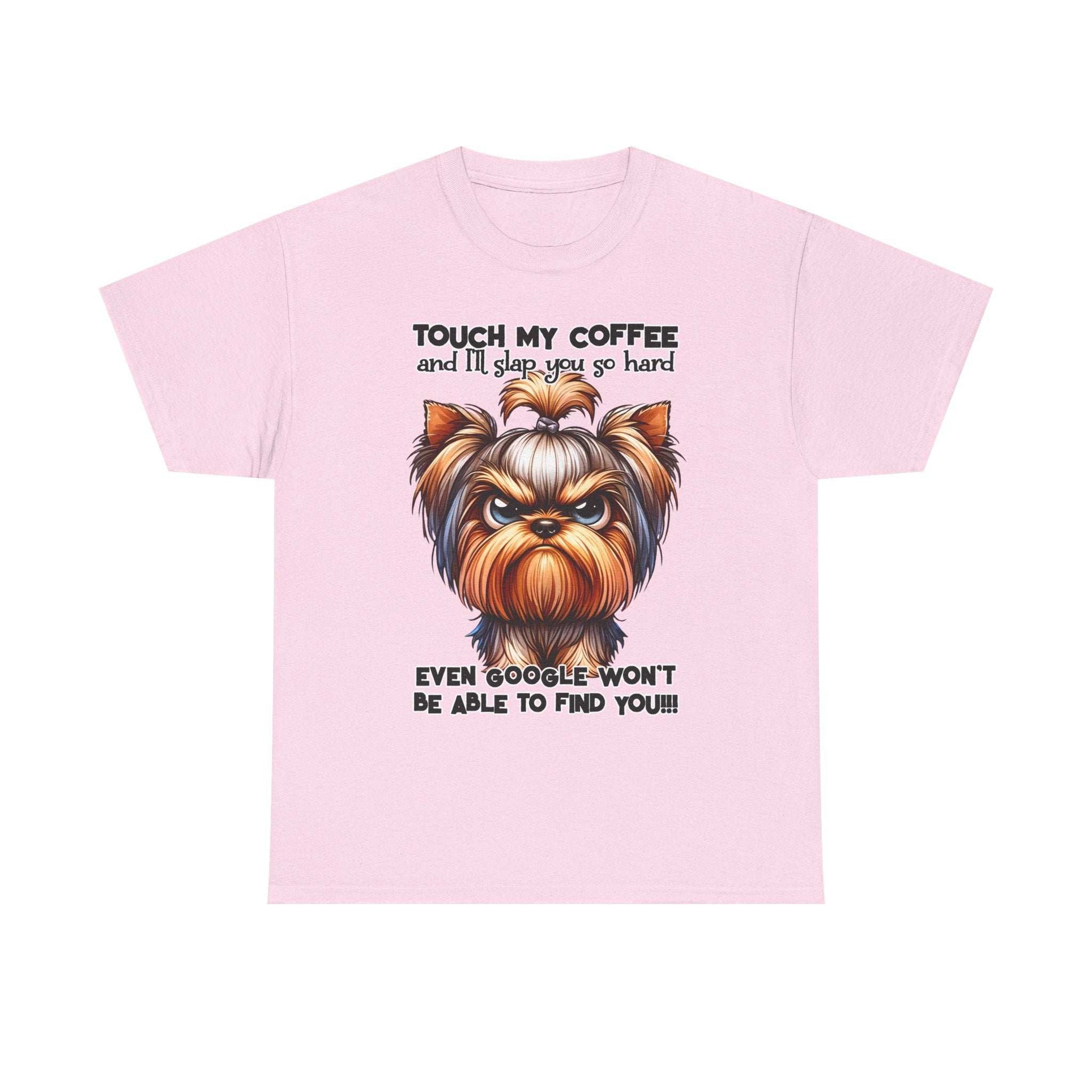 Pink Funny Dog Graphic T-Shirt with angry dog illustration and humorous coffee warning text