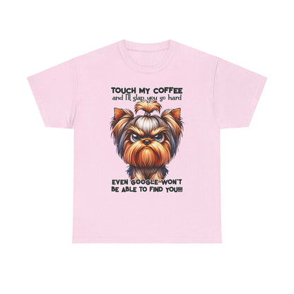 Pink Funny Dog Graphic T-Shirt with angry dog illustration and humorous coffee warning text