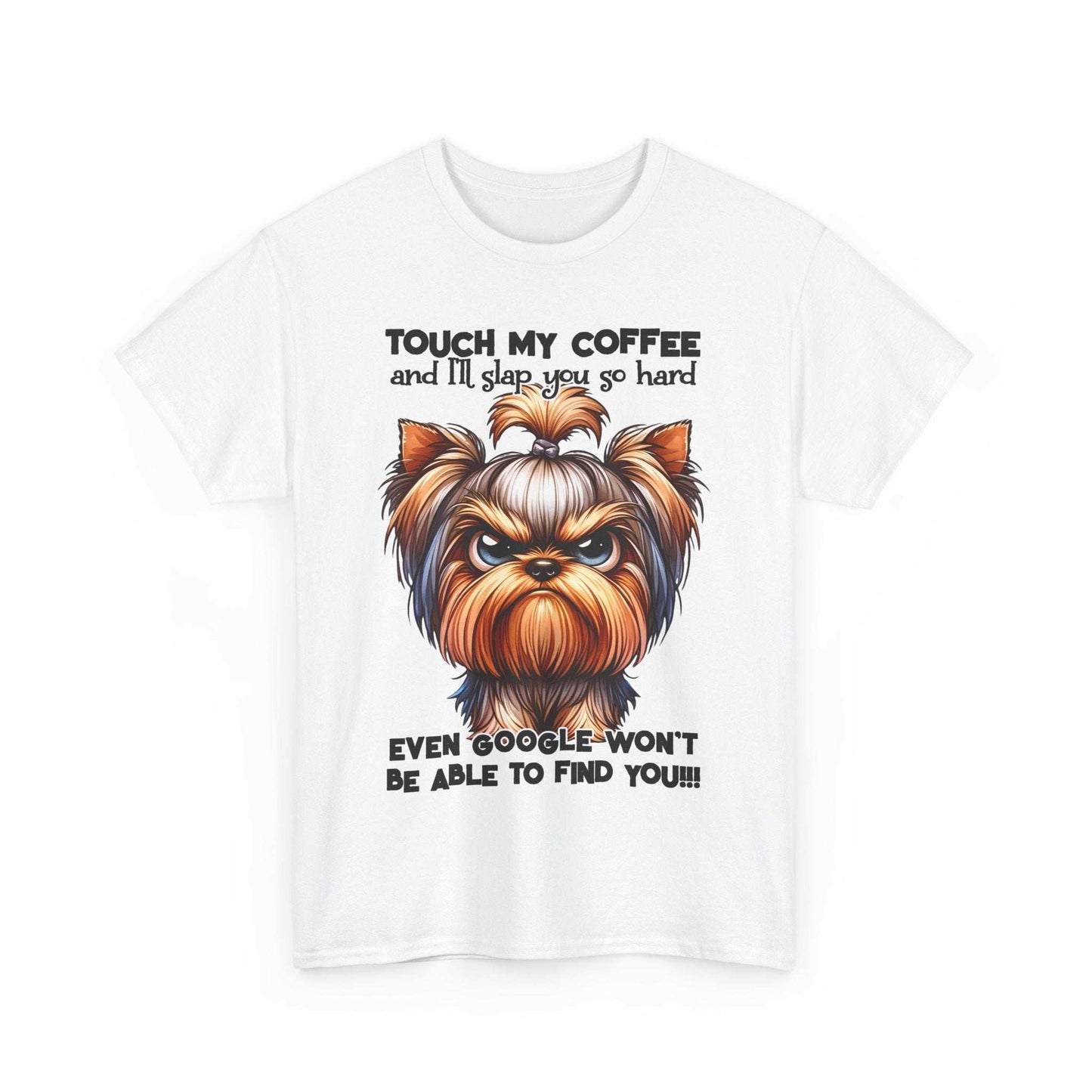 Printify Funny Dog Graphic T-Shirt with angry dog and humorous coffee quote on white fabric