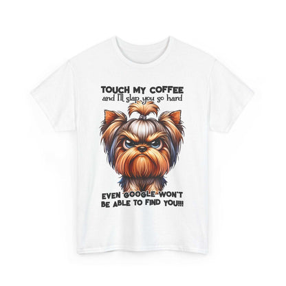 Printify Funny Dog Graphic T-Shirt with angry dog and humorous coffee quote on white fabric