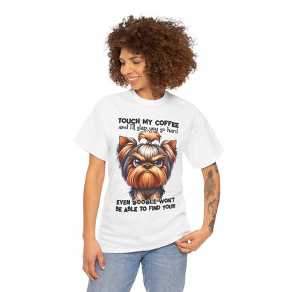 Funny Dog Graphic T-Shirt featuring a fierce cartoon dog with coffee-themed text on a white tee