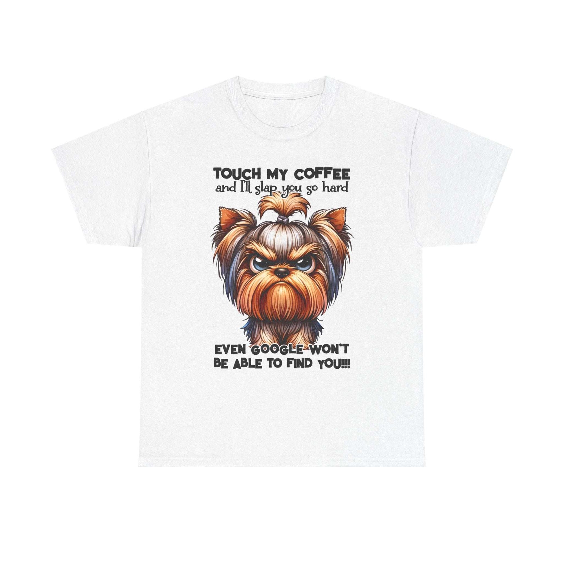 Printify Funny Dog Graphic T-Shirt with angry dog illustration and humorous coffee warning text