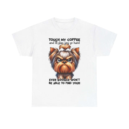 Printify Funny Dog Graphic T-Shirt with angry dog illustration and humorous coffee warning text