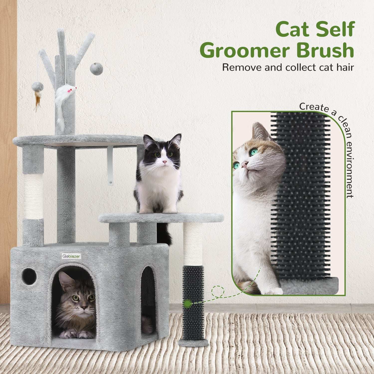 Wefulfil Grey Cat Tree Tower with multiple platforms and self groomer brush for cats