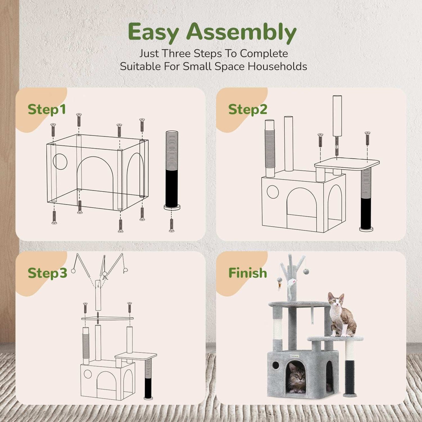 Easy assembly instructions for Wefulfil Grey Cat Tree Tower in three steps with cats playing