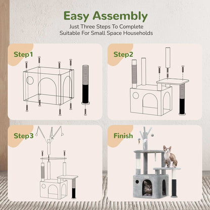 Easy assembly instructions for Wefulfil Grey Cat Tree Tower in three steps with cats playing
