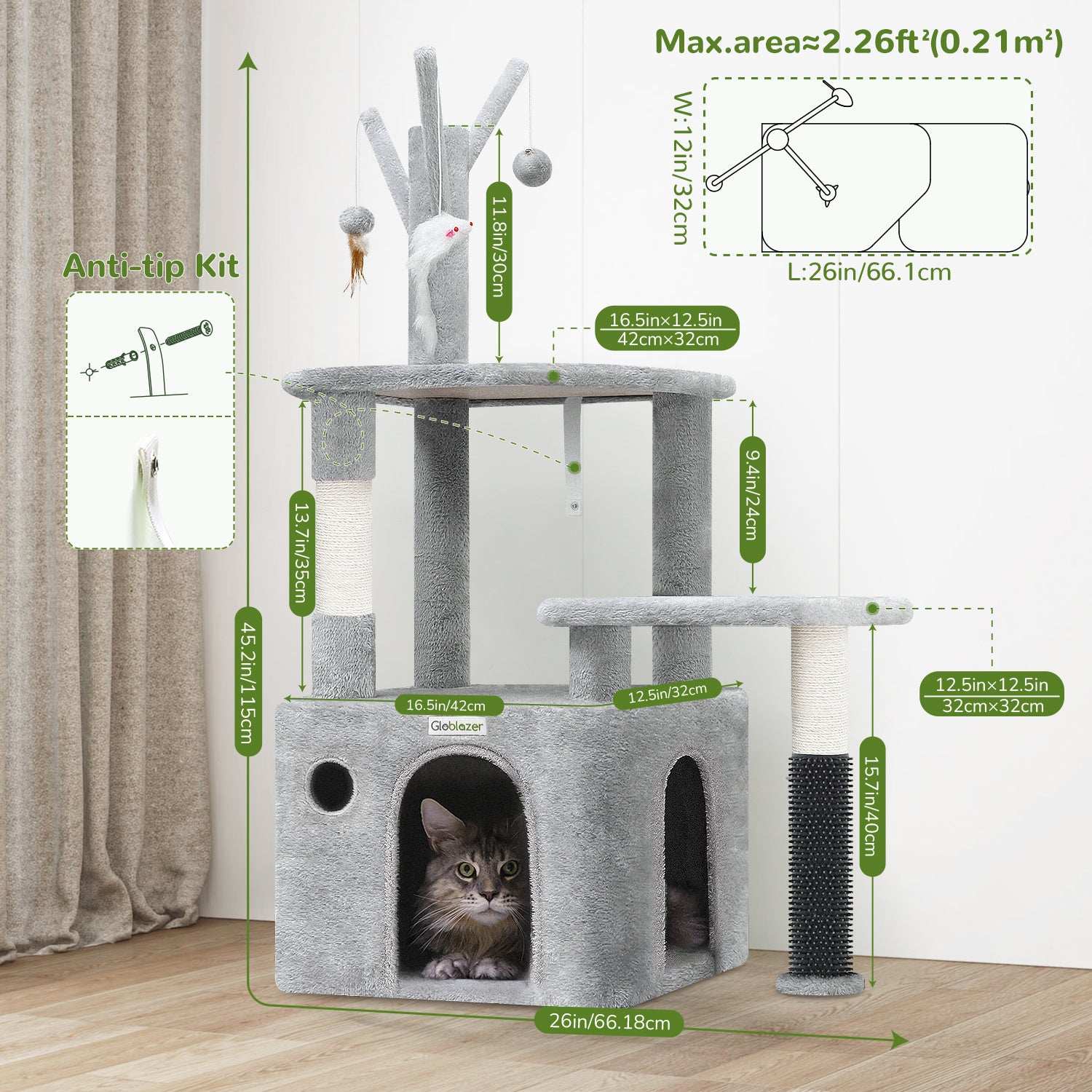 Wefulfil Grey Cat Tree Tower with multiple platforms, scratching post, and cozy cubby for cats