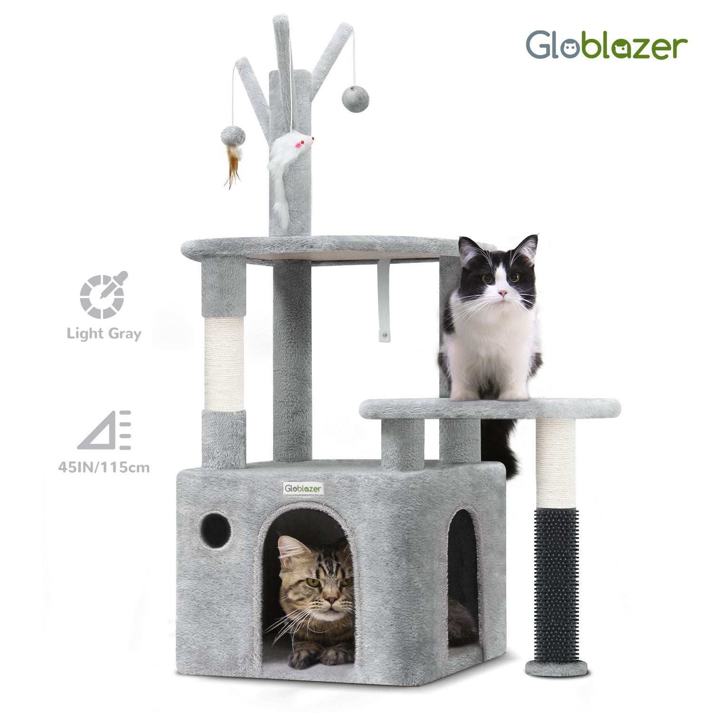 Wefulfil Grey Cat Tree Tower with multiple platforms, scratching posts, and hanging toys for cats