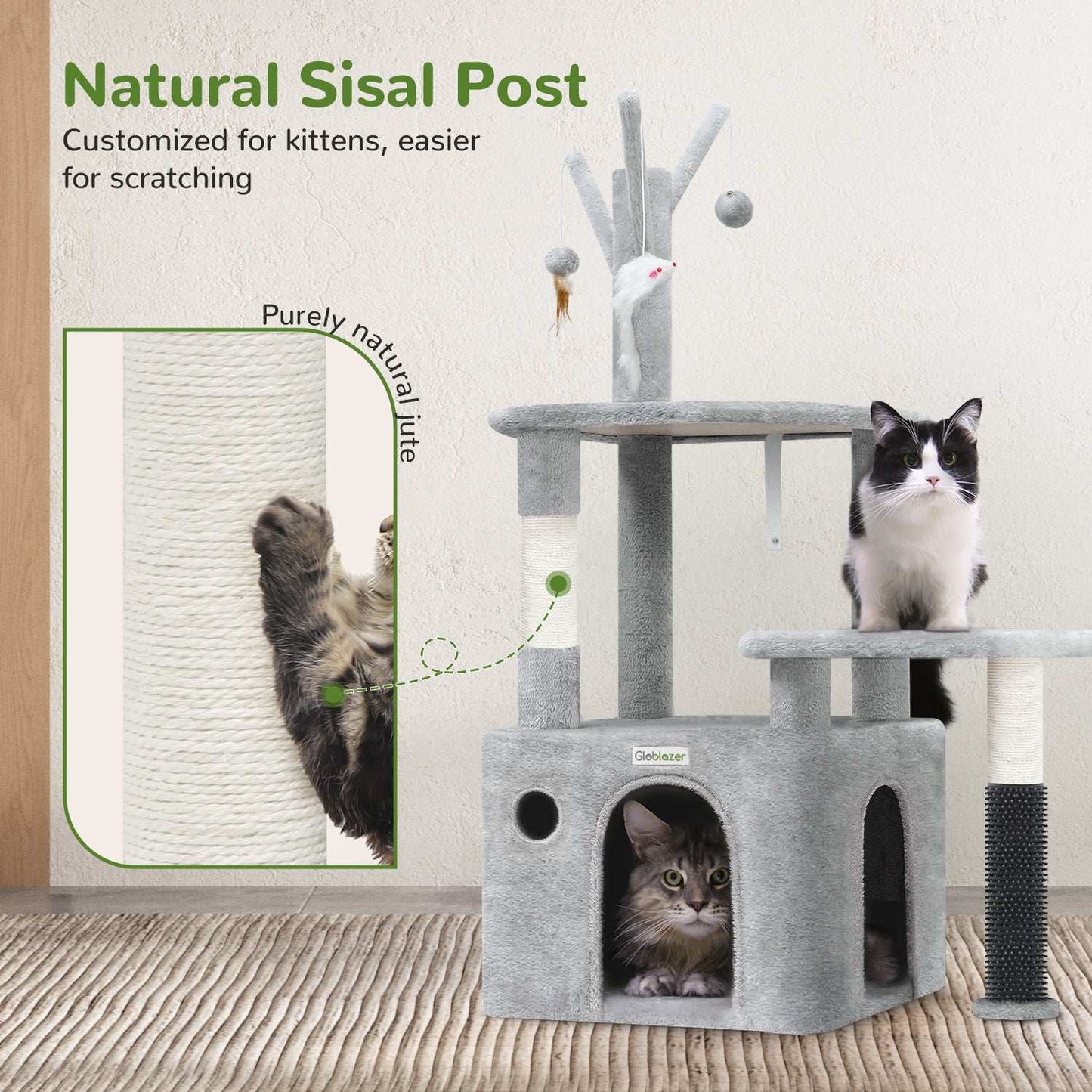 Wefulfil Grey Cat Tree Tower with natural sisal post for kittens, multiple levels and cozy hideout
